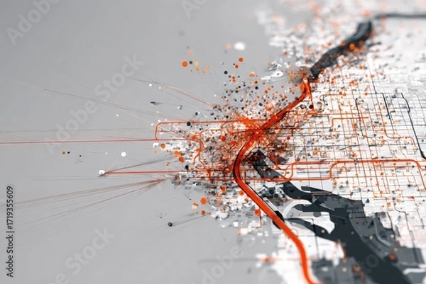 Fototapeta Public transit systems optimized using digital routing overlay, red-orange and pale gray, urban transportation map 