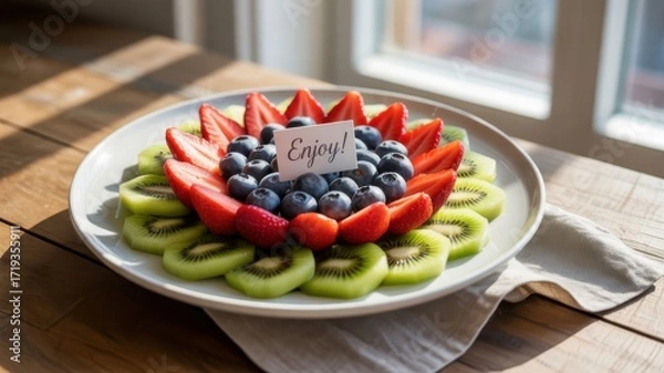 Obraz Fresh Fruit Platter with Strawberries, Blueberries, and Kiwi Slices