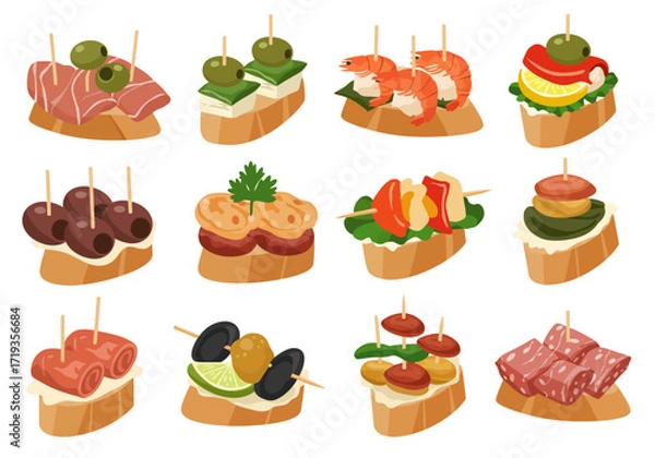Fototapeta Twelve assorted pintxostapas on bread with toppings meat cheese seafood olives vegetables garnished with skewers