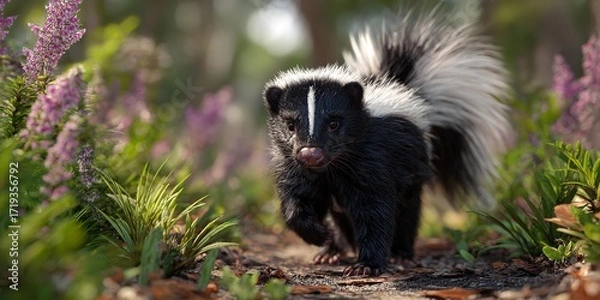 Fototapeta A black and white striped skunk is standing on the ground