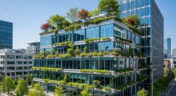 Fototapeta A multi-story building with extensive green terraces and a rooftop garden featuring large glass facades surrounded by other modern urban structures under a clear sky