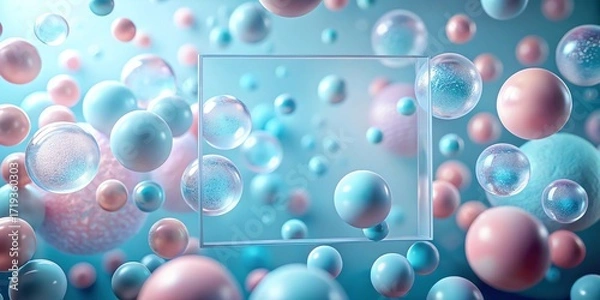 Fototapeta Abstract background of floating spheres and bubbles with a glass square