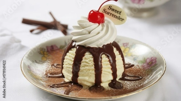 Obraz Delicious Ice Cream Sundae with Chocolate, Whipped Cream, and Cherry on Top