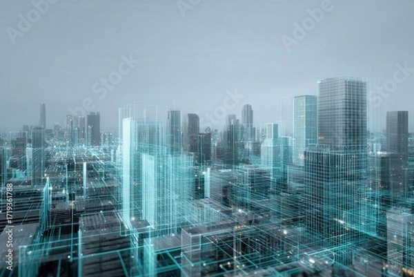 Fototapeta Smart city interface connecting infrastructure layers, pale cyan and iron gray, clean digital twin composition 