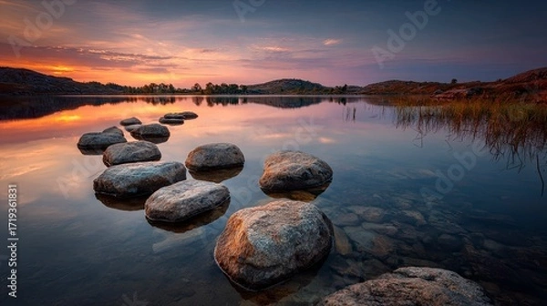 Fototapeta Serene Sunset Over Calm Lake with Large Rocks in Foreground and Mountainous Horizon
