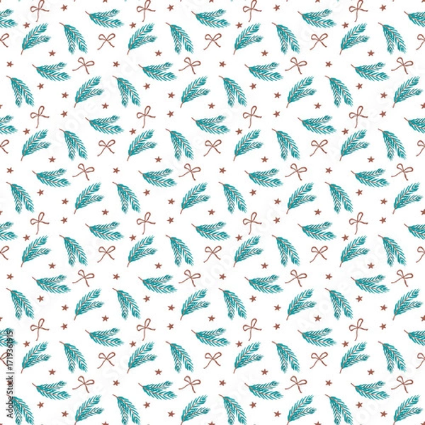 Obraz Christmas seamless pattern with teal fir branch and brown bows. Retro Christmas background. Hand drawn illustration, design for textil and packaging