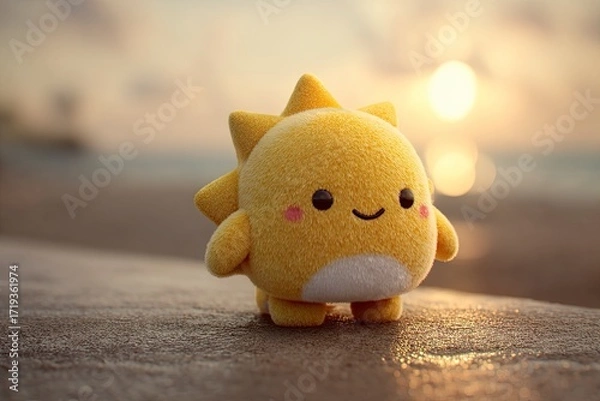 Fototapeta Cute Yellow Plush Toy Dinosaur Standing on Beach During Sunset