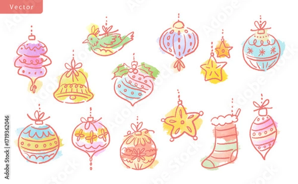 Fototapeta Doodle style Christmas ornament line art clipart set for pattern, card and banner. Vector files. Hand drawn Christmas ornament illustrations.