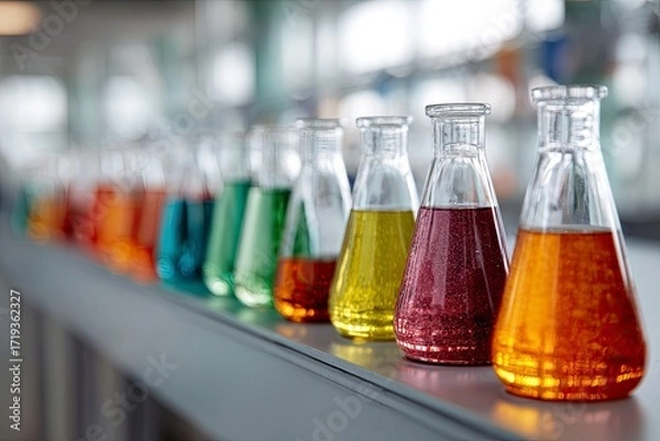 Fototapeta Colorful Glass Flasks Filled with Vibrant Liquids on Laboratory Workbench