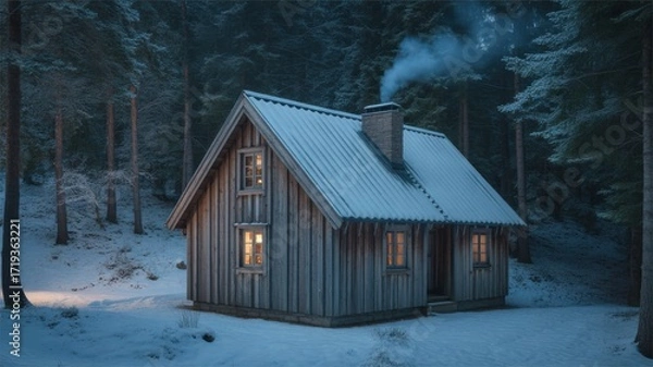 Obraz Cozy wooden cabin in a snowy forest with smoke from chimney