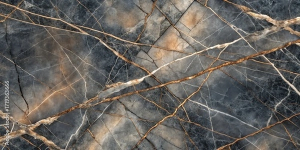 Fototapeta Abstract dark marble texture with intricate white and gold veining