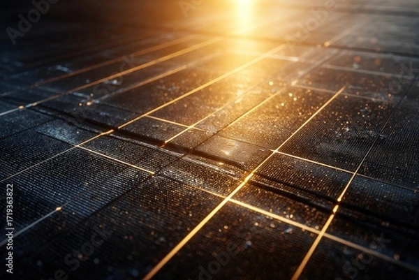 Fototapeta Solar panel texture close-up with sunlight reflections, graphite and golden beige, pattern-focused macro 