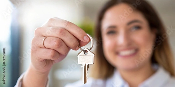 Fototapeta Happy woman holding key to new home during real estate recession. smart investment for first time homebuyer with successful mortgage and property purchase