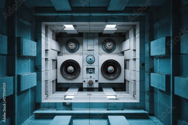 Fototapeta Sound frequency measurement gear in acoustic chamber, pale gray and deep cyan, symmetrical framing 