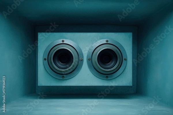 Fototapeta Sound frequency measurement gear in acoustic chamber, pale gray and deep cyan, symmetrical framing 