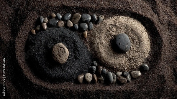 Fototapeta Yin and Yang Zen Garden with Black and Light Sand Stones and Small Pebbles on Dark Soil