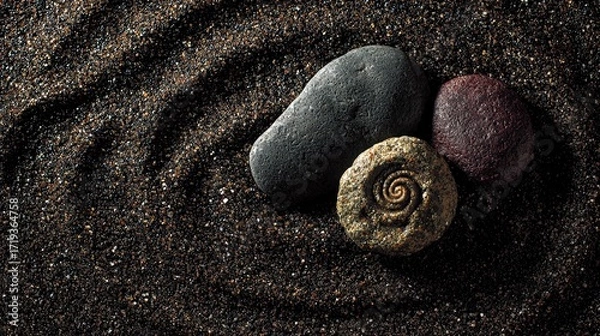Fototapeta Smooth Gray Black and Red Stones on Dark Sandy Surface with Spiraled Fossil