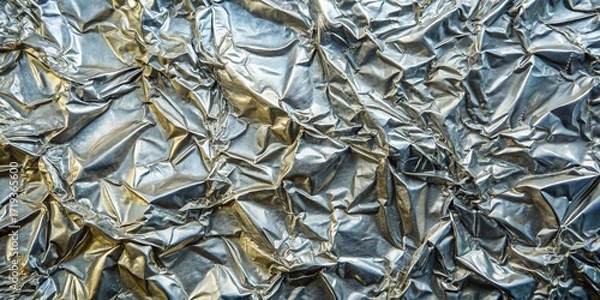 Fototapeta Close up texture of crumpled shiny silver aluminum foil abstract background