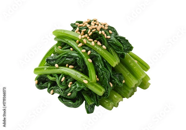 Fototapeta Close-up of a vibrant pile of seasoned spinach, adorned with sesame seeds, showcasing a rich green hue against a black background.