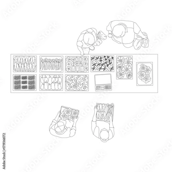 Fototapeta Vector overhead view of people at street market, walking, shopping and carrying goods, CAD blocks set