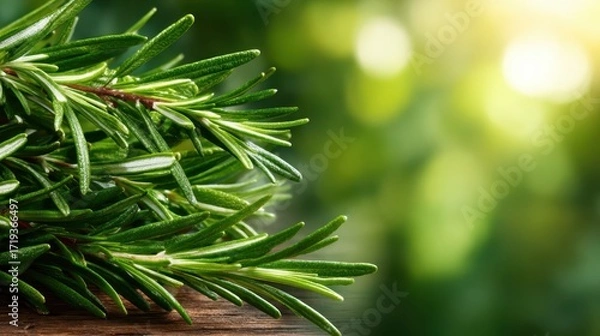 Fototapeta A close-up shot of vibrant rosemary sprigs laid out on a dark wooden surface, highlighting its aromatic appeal and showcasing its essential role in culinary experiences.