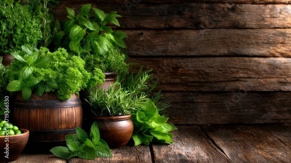 Fototapeta An arrangement of fresh green herbs in rustic pots showcases the beauty of nature, exuding freshness and highlighting the connection between plants and organic living.