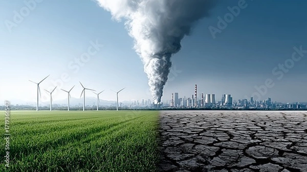 Fototapeta A picture of a green field with windmills and a city in the background