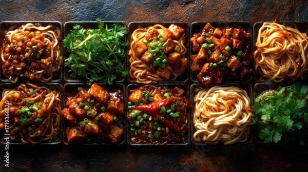 Fototapeta This stunning arrangement displays a variety of delicious Asian dishes, showcasing enticing noodles and flavors, perfect for highlighting culinary skills and delightful dining experiences.