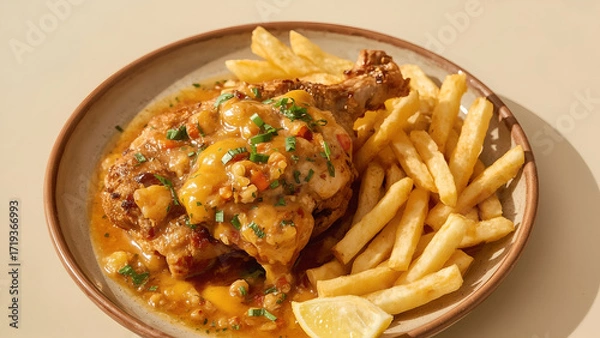 Fototapeta Juicy roasted chicken leg topped with rich gravy sauce, served with crispy French fries and lemon wedge on a rustic ceramic plate under warm natural light