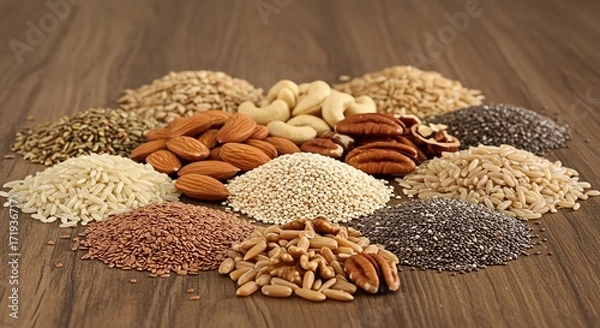 Fototapeta Nuts Seeds And Grains Pile Fresh Raw Selection on Wooden Background