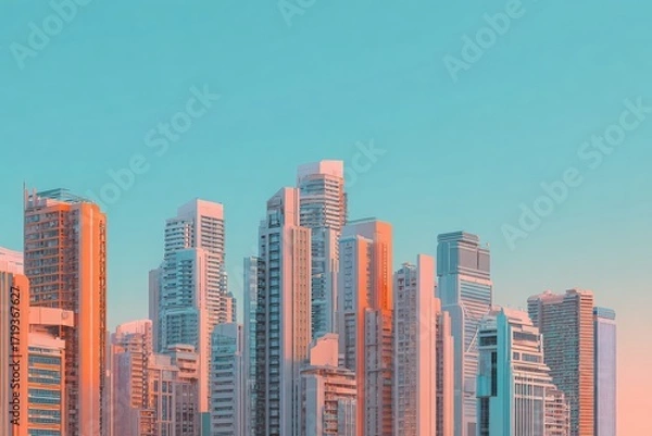 Fototapeta Urban skyline powered by mixed energy systems, peach orange and sky teal, clean-energy optimism 