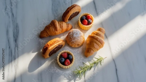 Obraz Assortment of Freshly Baked Croissants, Tarts, and Pastries with Berries
