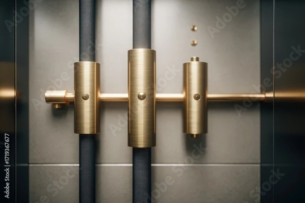 Fototapeta Vibration sensors installed on high-rise elevator shaft, charcoal and golden beige, construction focus 