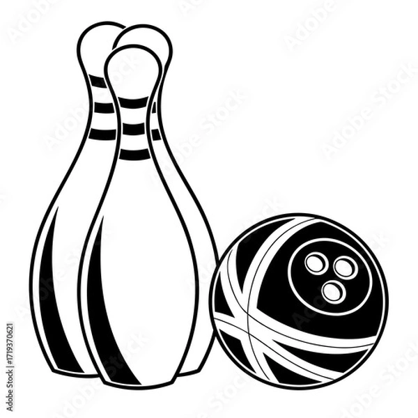 Fototapeta Bowling pins and ball in black and white design, isolated on white background  