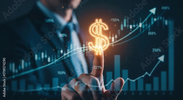 Fototapeta Man touching glowing dollar sign with financial graph and rising arrow. Business growth chart with data analysis. Investment strategy.