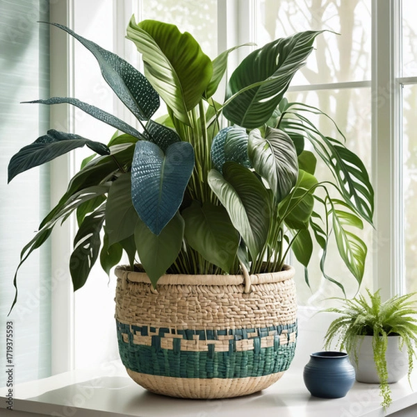 Fototapeta Beige and blue ash round pot with an indoor plant placed near a window, adding natural light and modern cozy vibes to home interiors.