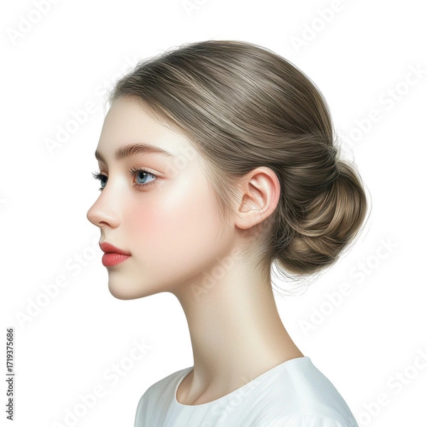 Obraz Elegant Profile Portrait of a Young Woman with Smooth Skin and Beautiful Hair Shining in Soft Natural Light transparent background