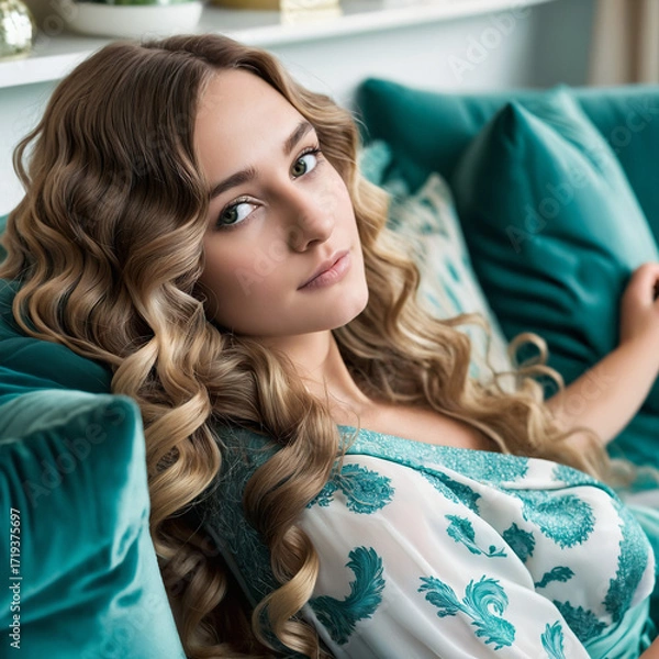 Fototapeta Blonde woman with long wavy hair resting on a blue sofa, wearing a white and blue dress with oriental patterns, evoking relaxed, stylish home vibes.