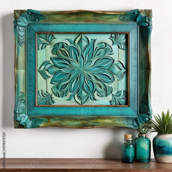 Fototapeta Blue frame with oriental patterns hanging on a wall, adding artistic and stylish decor to modern, cozy home interiors.