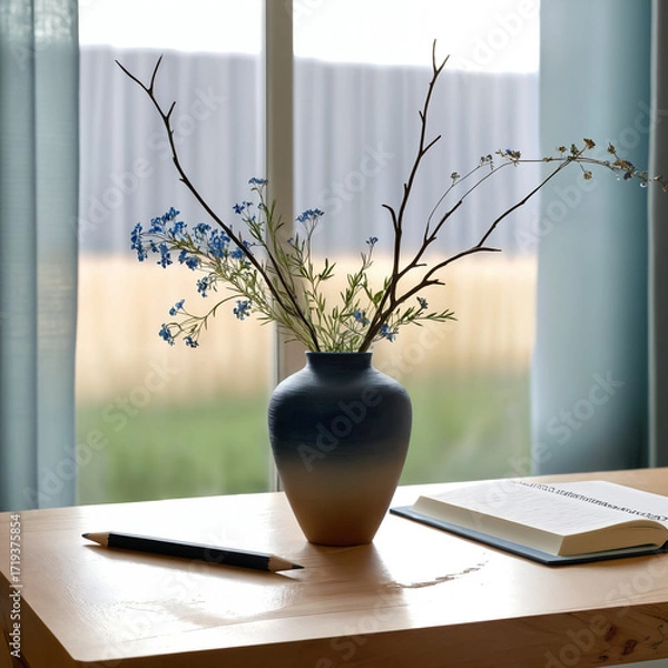 Fototapeta Beautiful vase with branches and small blue flowers on a table by a window, creating a cozy, natural, and stylish home interior.