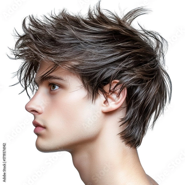Obraz Young man with stylish messy hairstyle showcasing confidence and youth in a side profile portrait setting transparent background