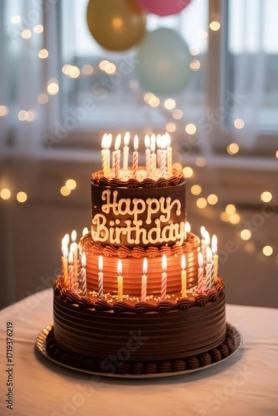 Obraz Two-Tier Chocolate Birthday Cake with Lit Candles and Balloons