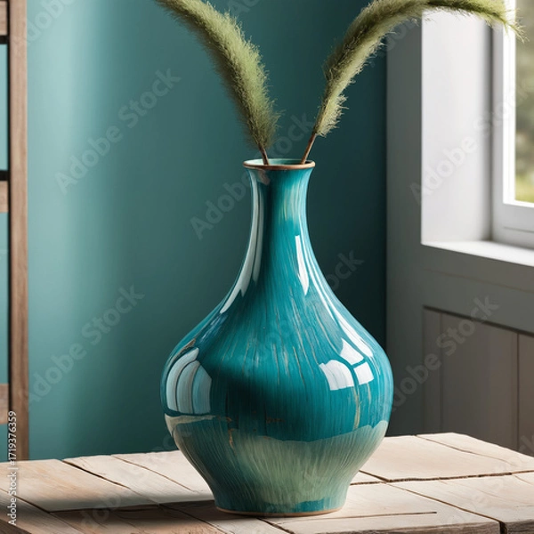 Fototapeta Blue round vase holding feathery wheat-like plants, adding a soft, natural accent to modern interiors and cozy home decor.
