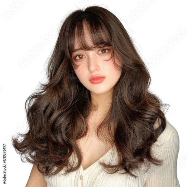 Obraz Young Woman with Long Wavy Hair and Natural Makeup Posing Elegantly in a Studio Setting transparent background