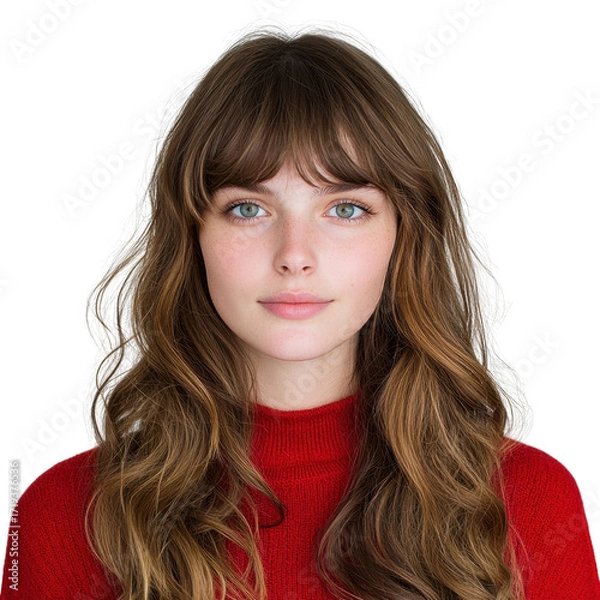 Obraz Portrait of a Young Woman with Long Wavy Hair in a Red Sweater Against a Transparent Background transparent background