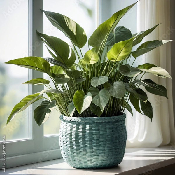 Fototapeta Blue ash pot with a green indoor plant placed near a window, adding natural light, cozy vibes, and modern home decor to the interior.