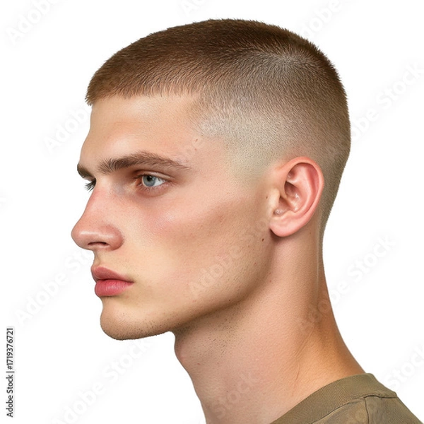 Obraz Young man with a modern buzz cut hairstyle, profile view showing clean fade and smooth skin, urban fashion background transparent background
