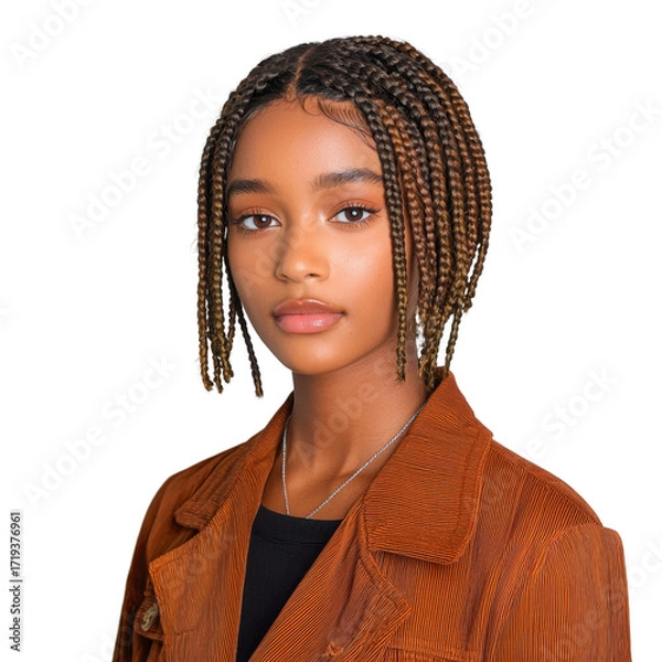 Obraz Young woman with intricate braided hairstyle wearing stylish orange corduroy jacket in natural light setting transparent background