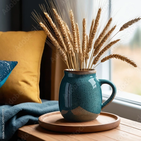 Fototapeta Dark blue pot with wheat stems on a wooden table, adding natural textures and cozy, modern home decor to the interior.
