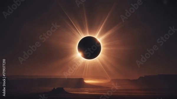 Obraz Total Solar Eclipse Over Desert Landscape with Dramatic Corona Rays